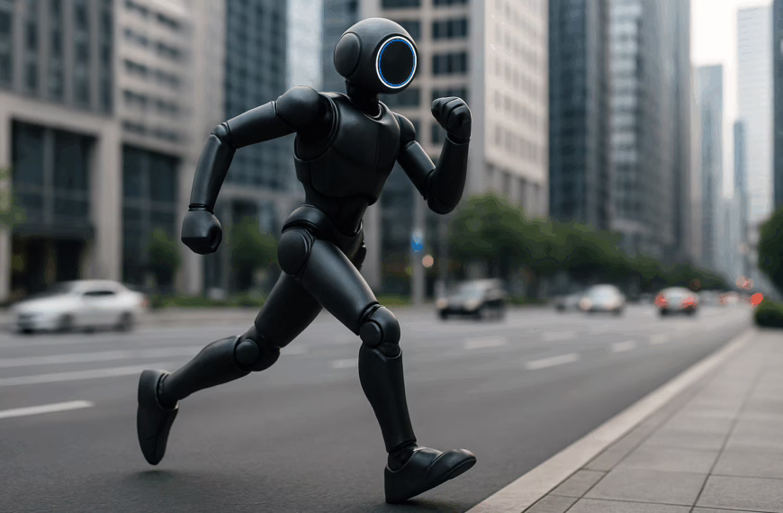 A sleek humanoid robot runs along a modern city street surrounded by glass buildings and blurred traffic, symbolising futuristic innovation and agility.