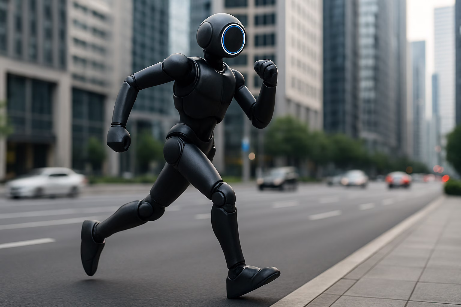 A sleek humanoid robot runs along a modern city street surrounded by glass buildings and blurred traffic, symbolising futuristic innovation and agility.