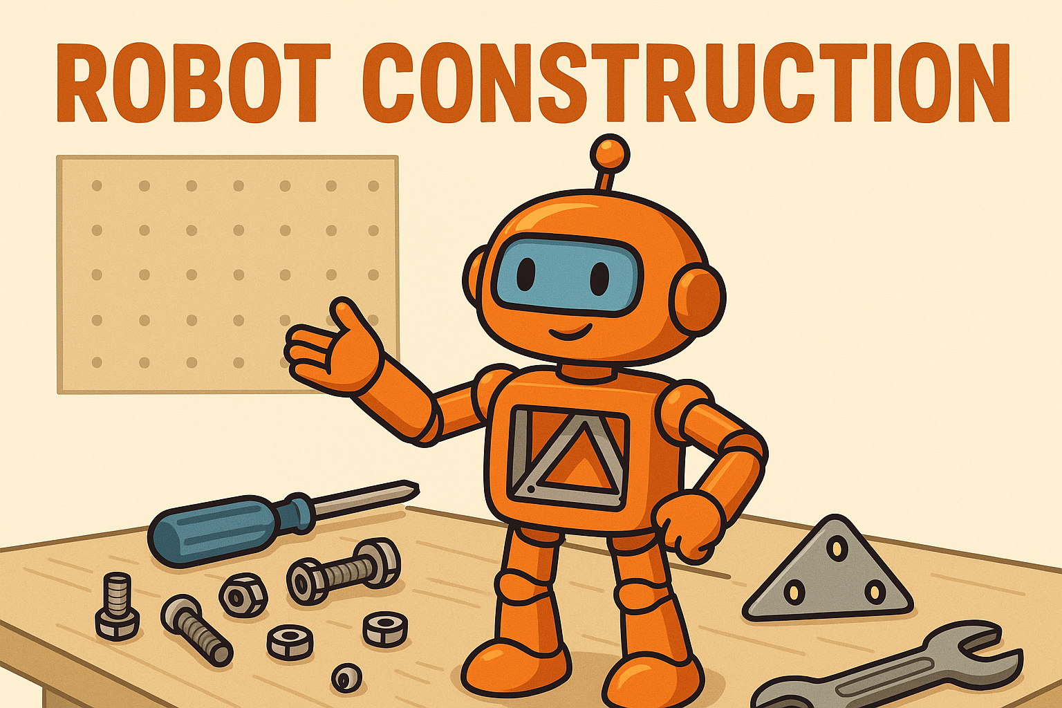 Cartoon-style orange robot in a workshop, standing on a workbench with tools and bolts, under bold text “Robot Construction.”