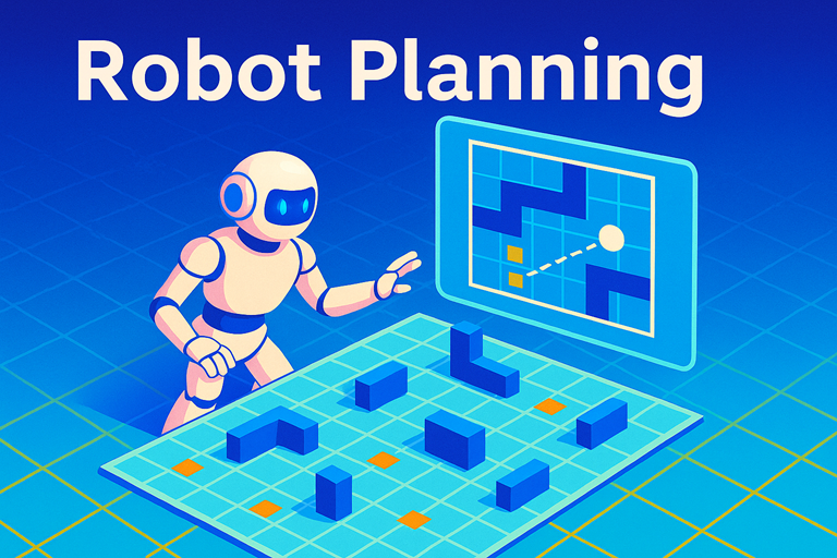 A vibrant illustration of a robot interacting with a glowing digital map, planning paths through a colourful grid with obstacles and routes.