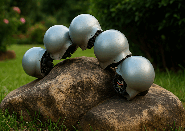 Four metallic robot snails crawl over each other on a large stone in a garden surrounded by grass and foliage.