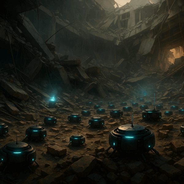 A swarm of small glowing robots searches through the rubble of a collapsed building, scanning for survivors amid dust and debris.