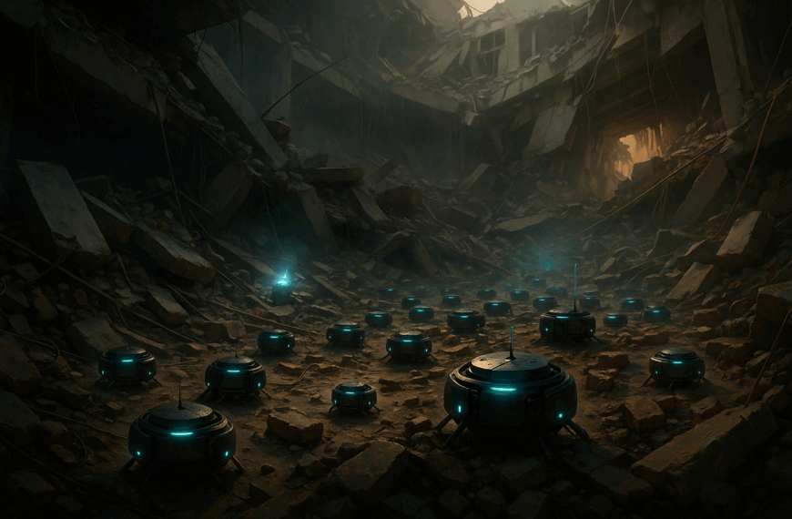 A swarm of small glowing robots searches through the rubble of a collapsed building, scanning for survivors amid dust and debris.