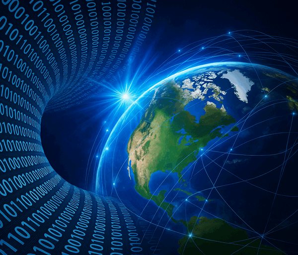 A digital illustration showing Earth connected by glowing data lines, surrounded by streams of binary code symbolising global data transmission and connectivity.