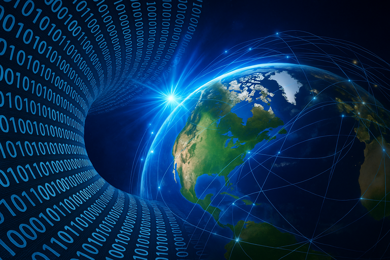 A digital illustration showing Earth connected by glowing data lines, surrounded by streams of binary code symbolising global data transmission and connectivity.