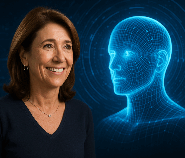 A smiling professional woman stands confidently before a glowing blue digital head, symbolising artificial intelligence, innovation, and a hopeful future.
