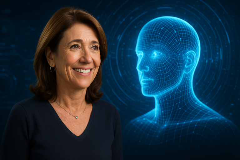 A smiling professional woman stands confidently before a glowing blue digital head, symbolising artificial intelligence, innovation, and a hopeful future.
