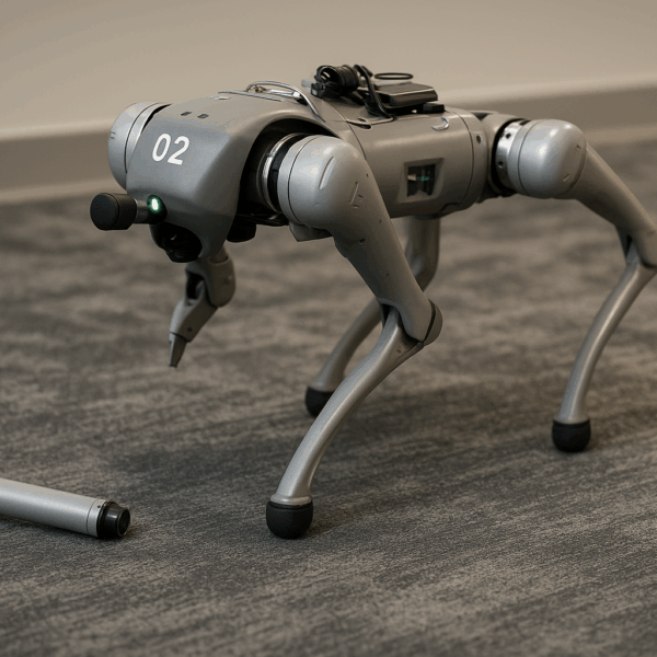 A grey robotic dog with one leg partially detached walks on a carpeted floor, its green light glowing beside the fallen limb.