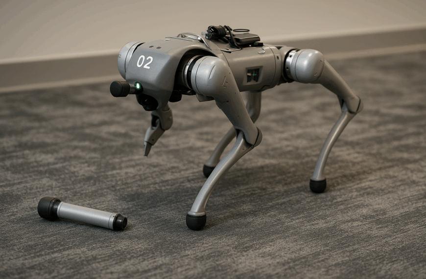 A grey robotic dog with one leg partially detached walks on a carpeted floor, its green light glowing beside the fallen limb.