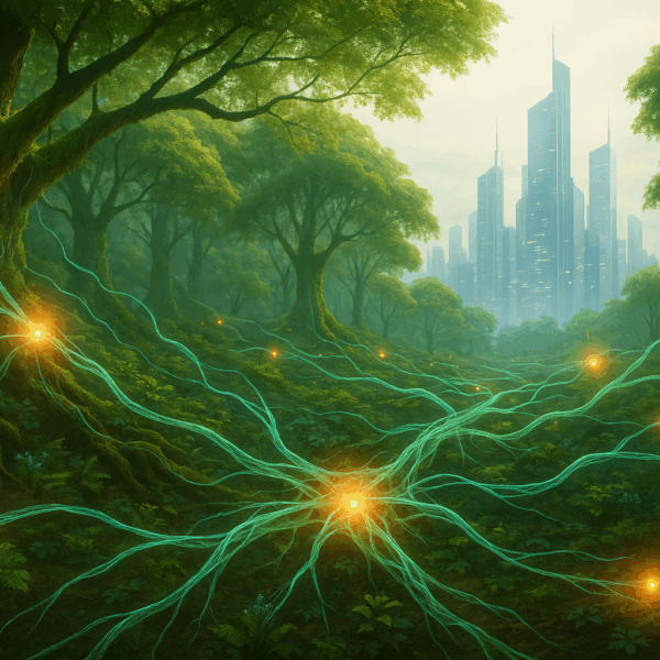 A futuristic eco-inspired neural network glowing like neurons, blending technology and nature with green energy veins and bioluminescent forest light.