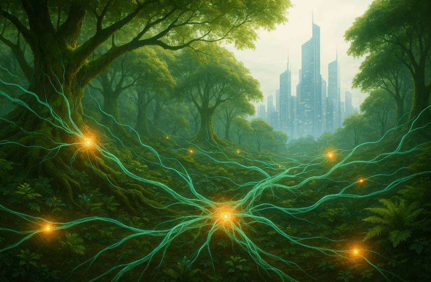 A futuristic eco-inspired neural network glowing like neurons, blending technology and nature with green energy veins and bioluminescent forest light.