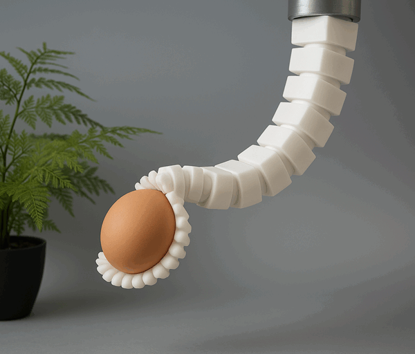 A white segmented robotic tentacle gently grasps a brown egg, demonstrating delicate precision and flexibility beside a small green potted plant.