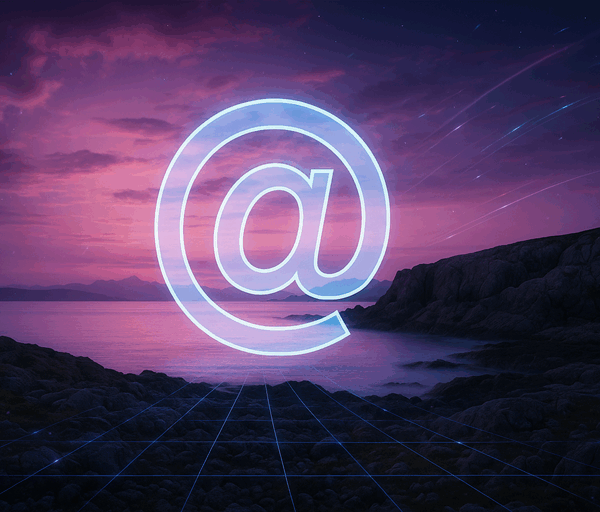 A futuristic coastal landscape at dusk, showing a glowing blue “@” symbol hovering over calm water and rocky cliffs. The sky is filled with shades of pink and purple, reflecting on the sea, while a faint digital grid overlays the foreground, blending natural scenery with a technological, generative AI theme.