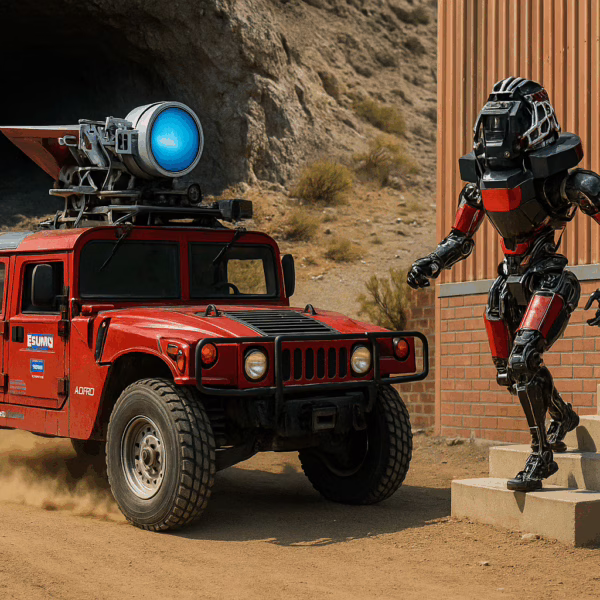 A red autonomous vehicle races across a desert as a humanoid robot descends steps and a quadruped robot explores a cave.