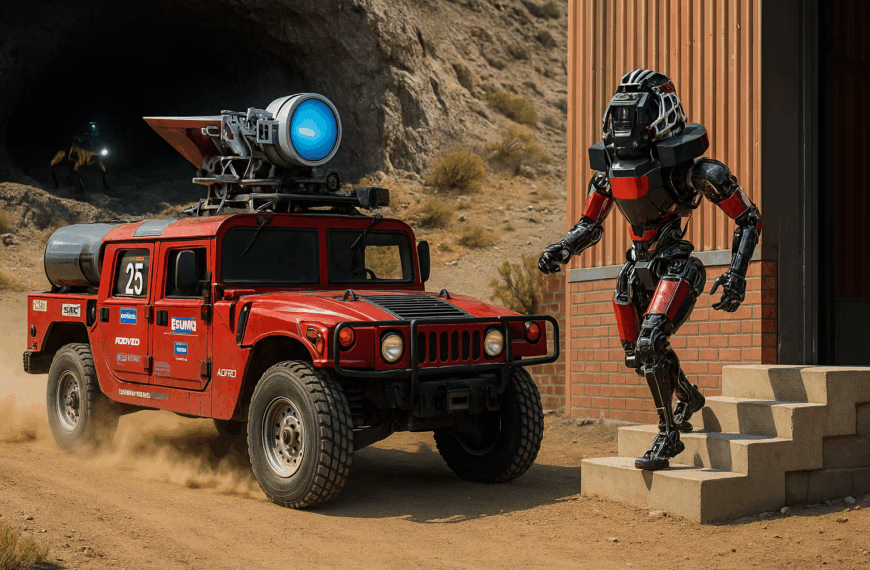 A red autonomous vehicle races across a desert as a humanoid robot descends steps and a quadruped robot explores a cave.