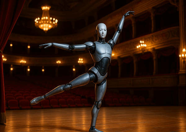 A silver humanoid robot performs a graceful ballet pose on a grand theatre stage, surrounded by warm lights and red velvet curtains.