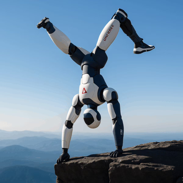 A sleek humanoid robot performs a handstand on a rocky cliff edge with mountains and clear blue sky in the background.