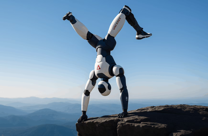 A sleek humanoid robot performs a handstand on a rocky cliff edge with mountains and clear blue sky in the background.