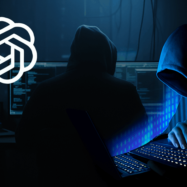 Alt text: A dark, moody digital illustration showing two hooded figures working at computers in a dimly lit room. One figure sits at a desk surrounded by multiple monitors displaying green code, while the other types on a glowing laptop illuminated by blue light. The scene evokes cybersecurity testing and AI safety research.