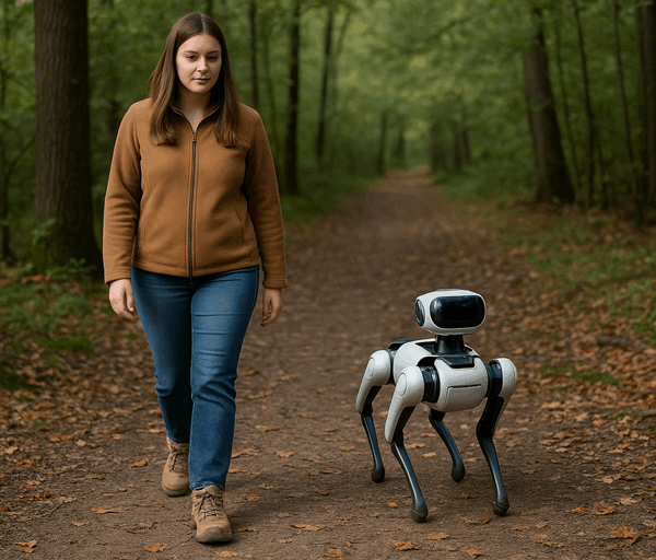 A woman in a brown jacket walks along a forest path beside a white and black robot dog on an autumn day.