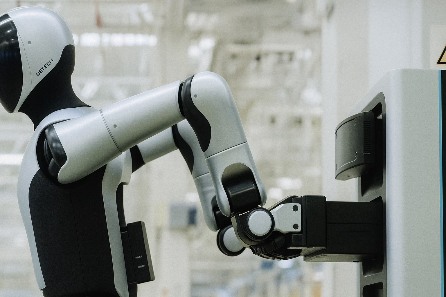 A humanoid robot in a factory carefully inserts a rectangular battery pack into a charging station, demonstrating autonomous battery swapping technology.