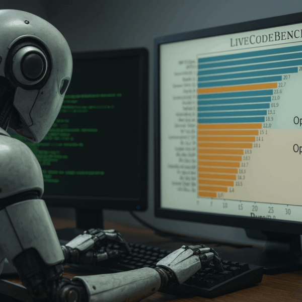 A humanoid robot types on a keyboard, analysing code on one monitor and viewing LiveCodeBench performance graph on another screen.