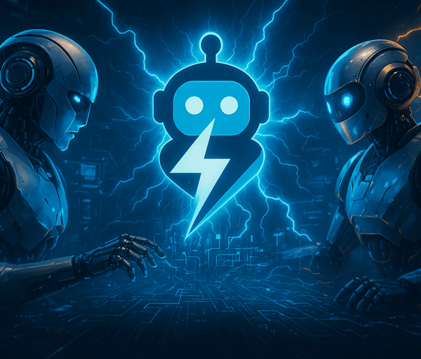 Two futuristic robots collaborate in a glowing blue digital environment, with a lightning bolt robot emblem radiating energy between them.