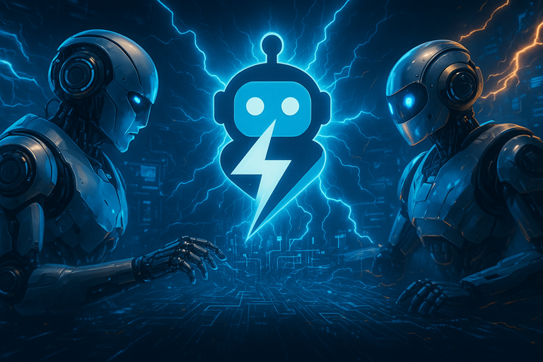 Two futuristic robots collaborate in a glowing blue digital environment, with a lightning bolt robot emblem radiating energy between them.