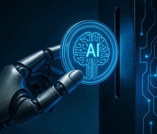 A robotic hand grips a glowing transparent AI coin with a circuit brain design, inserting it vertically into a futuristic blockchain machine.