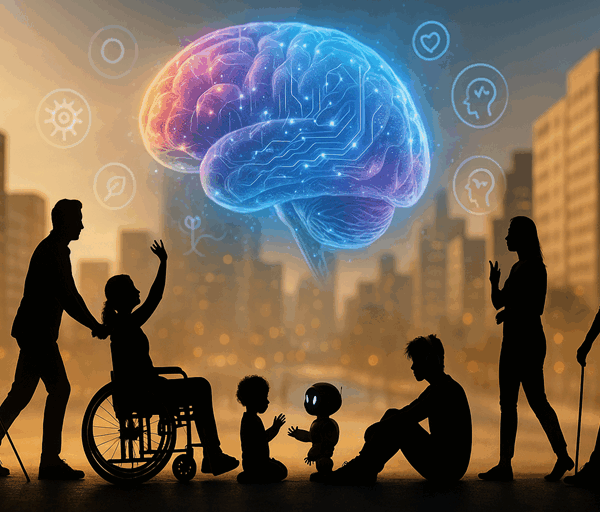Silhouettes of diverse people with disabilities interact under a glowing digital brain, symbolising AI, inclusion, and accessibility in technology.