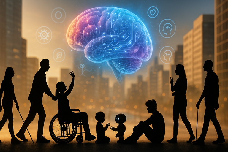 Silhouettes of diverse people with disabilities interact under a glowing digital brain, symbolising AI, inclusion, and accessibility in technology.