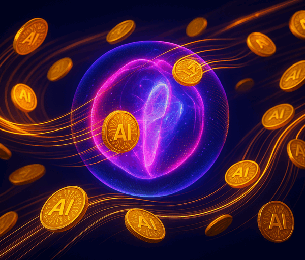 A glowing digital orb symbolising artificial intelligence with golden AI coins streaming around it in vibrant pink, blue and orange light.