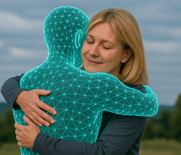 A blonde woman hugs a glowing turquoise hologram outdoors, eyes closed peacefully, with trees and a cloudy sky in the blurred background.