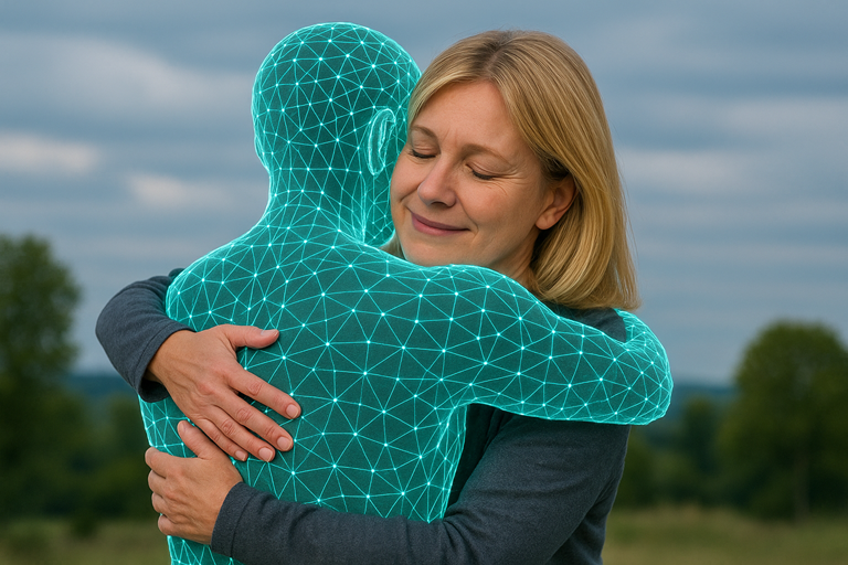 A blonde woman hugs a glowing turquoise hologram outdoors, eyes closed peacefully, with trees and a cloudy sky in the blurred background.