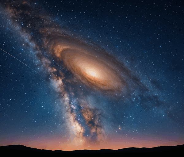 A detailed photo realistic image of the Milky Way showing a bright glowing galactic core, swirling dust lanes, star fields and a shooting star.