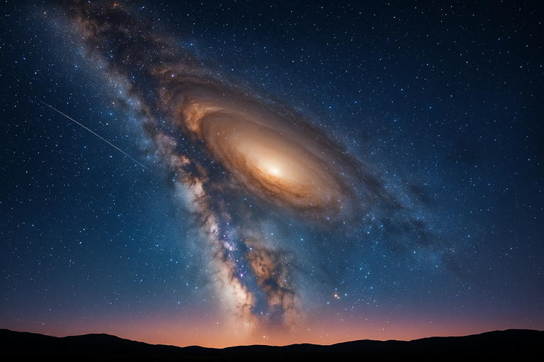 A detailed photo realistic image of the Milky Way showing a bright glowing galactic core, swirling dust lanes, star fields and a shooting star.