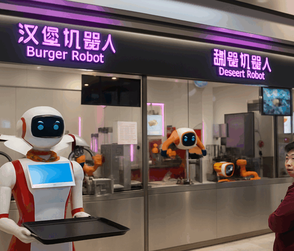 A humanoid robot waiter stands with a tray in a modern restaurant while cooking robots prepare food behind glass as a customer watches.