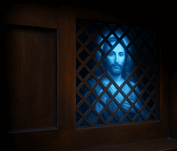 A holographic blue image of Jesus appears behind a wooden lattice grill inside a dimly lit confession booth, creating an ethereal atmosphere.