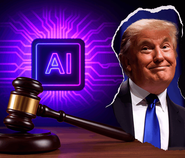 Gavel on desk with glowing AI symbol behind it, and a ripped paper cutout of Donald Trump appearing on the right.
