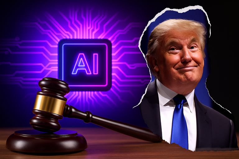 Gavel on desk with glowing AI symbol behind it, and a ripped paper cutout of Donald Trump appearing on the right.