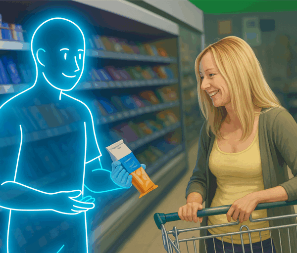 A woman smiles beside her trolley in a supermarket aisle while a glowing blue line drawn AI figure shows her a product.