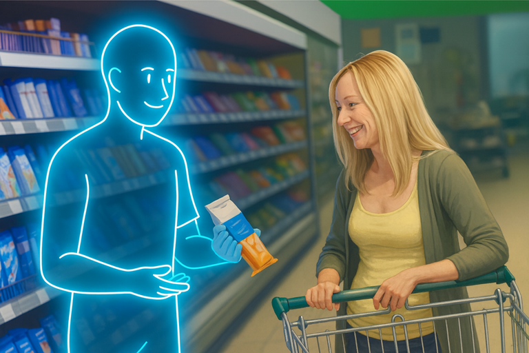 A woman smiles beside her trolley in a supermarket aisle while a glowing blue line drawn AI figure shows her a product.