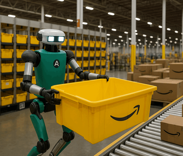 A humanoid robot in an Amazon warehouse lifts a yellow bin from shelving onto a conveyor belt surrounded by parcels.