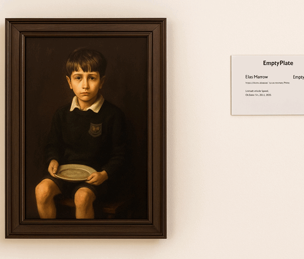 A realistic museum display showing a framed portrait of a solemn schoolboy holding an empty plate, with a label reading Empty Plate.