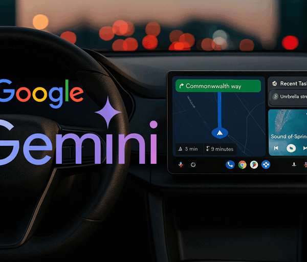 Car interior with steering wheel and dashboard screen showing Google Gemini interface, navigation directions, recent tasks, and blurred city lights.
