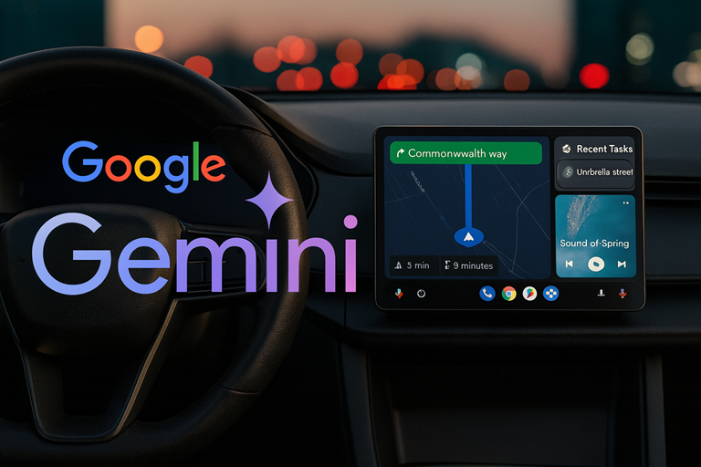Car interior with steering wheel and dashboard screen showing Google Gemini interface, navigation directions, recent tasks, and blurred city lights.