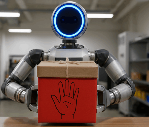 Atlas robot in a lab holding a large red gift box with a black hand symbol, surrounded by shelves and equipment.