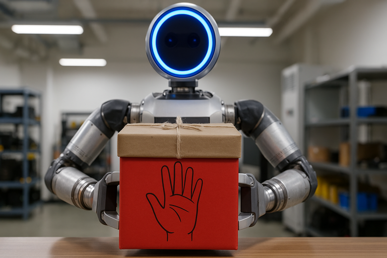 Atlas robot in a lab holding a large red gift box with a black hand symbol, surrounded by shelves and equipment.
