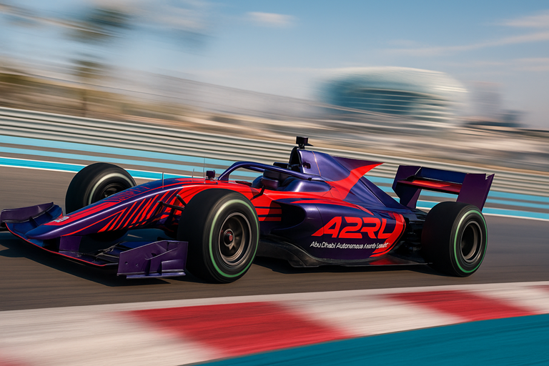 A sleek autonomous A2RL Formula-style race car speeds around Yas Marina Circuit, showcasing advanced AI technology with vibrant red and purple design.