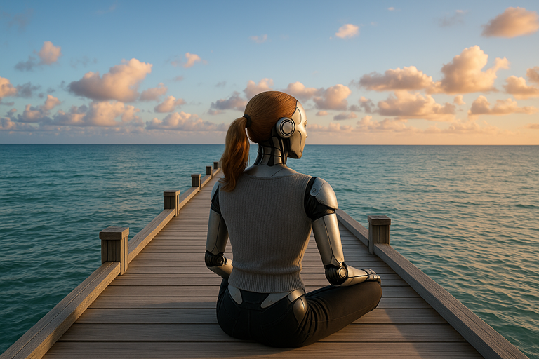 A humanoid robot woman sits cross legged at the end of a wooden pier looking peacefully out over calm blue ocean beneath soft clouds.